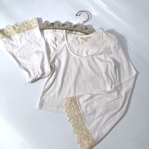 LA Hearts Cropped Lace Trim Long Bell Sleeve White Cotton Top Size XS